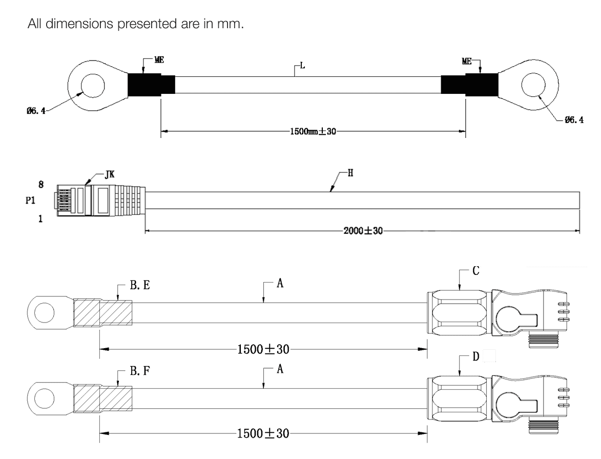 Technical drawing of cable dimensions for Sunsynk inverter