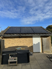 Thumbnail for Solar panels installed on a garage roof under a blue sky.