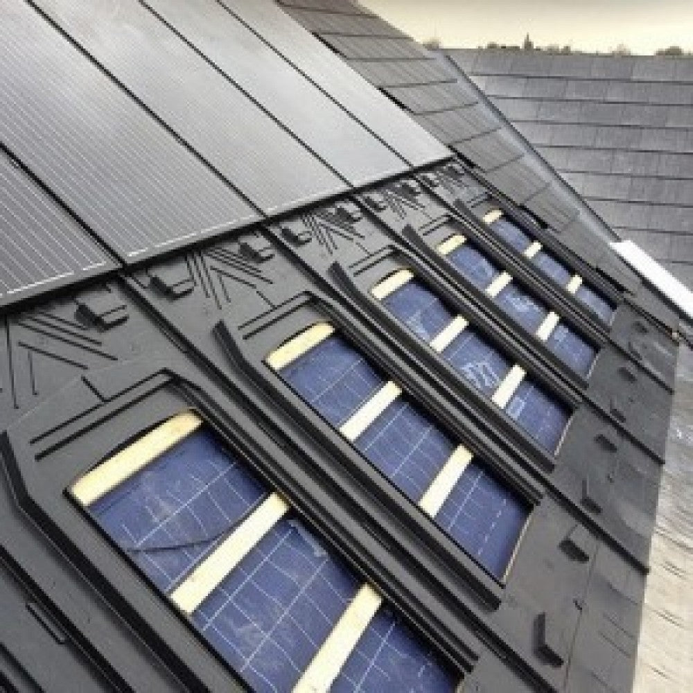 Close-up of GSE in-roof mounting system under solar panels